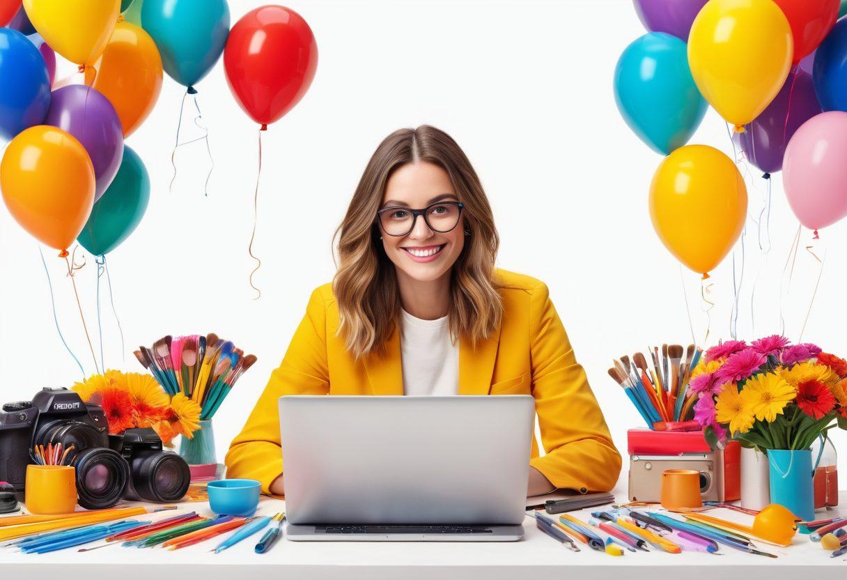 A whimsical digital landscape featuring a cheerful content creator surrounded by colorful tools like cameras, laptops, and paintbrushes. Bright, uplifting elements such as balloons, sunrays, and vibrant flowers symbolize blissful branding. The atmosphere is energetic and inviting, reflecting a harmonious blend of technology and creativity. super-realistic. vibrant colors. white background.