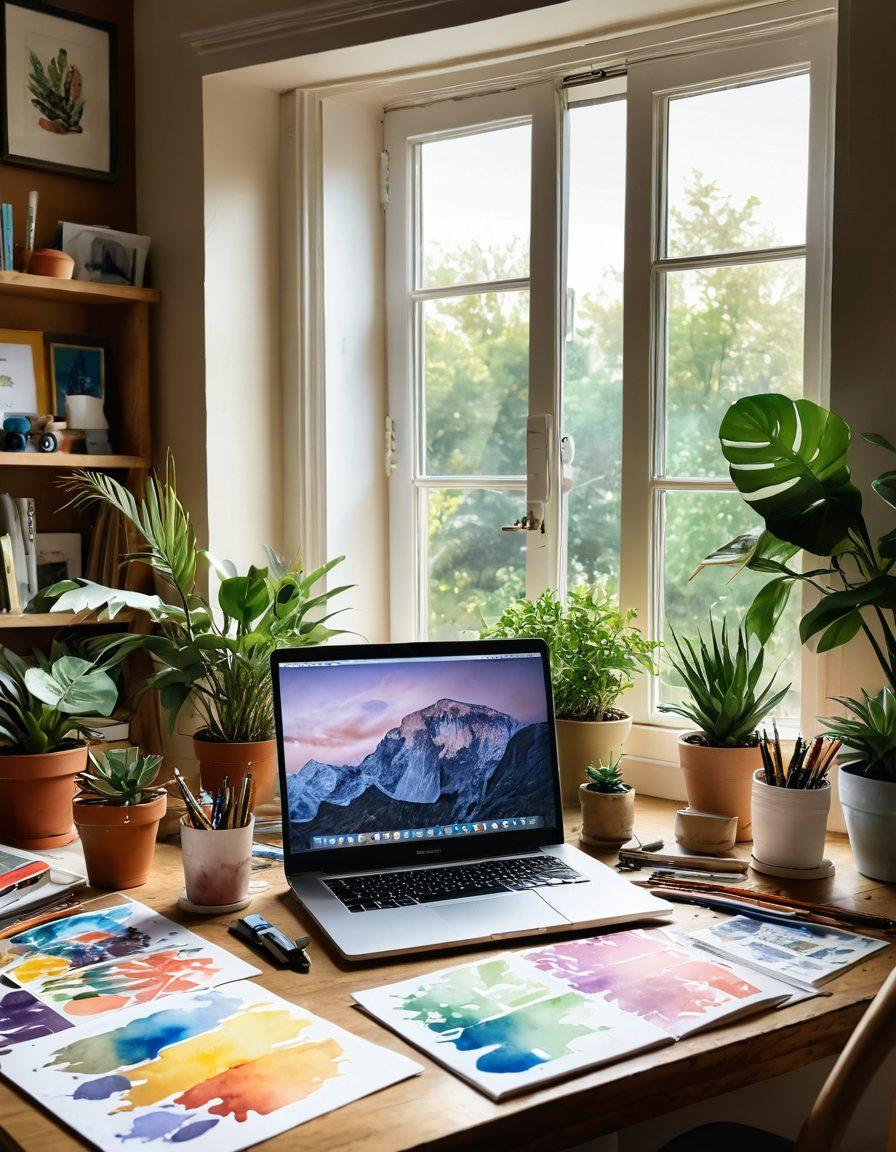 A vibrant workspace filled with colorful art supplies, showcasing a joyful creative process with splashes of paint, brushes, and sketches. Bright sunlight streams in through a window adorned with plants, reflecting a feeling of bliss and inspiration. A laptop displays an engaging digital branding design on the screen, symbolizing the merge of traditional and digital creativity. Artistic notes and branding elements are scattered around, enhancing the creative atmosphere. watercolor style. vibrant colors. warm and inviting.